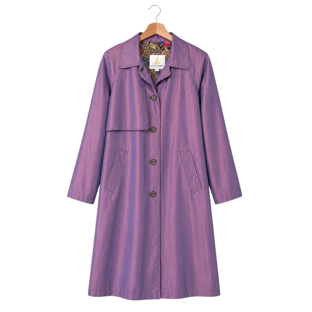 Misty Harbor Womens 12 Iridescent Purple Trench Coat Long Paisley Lined Vintage